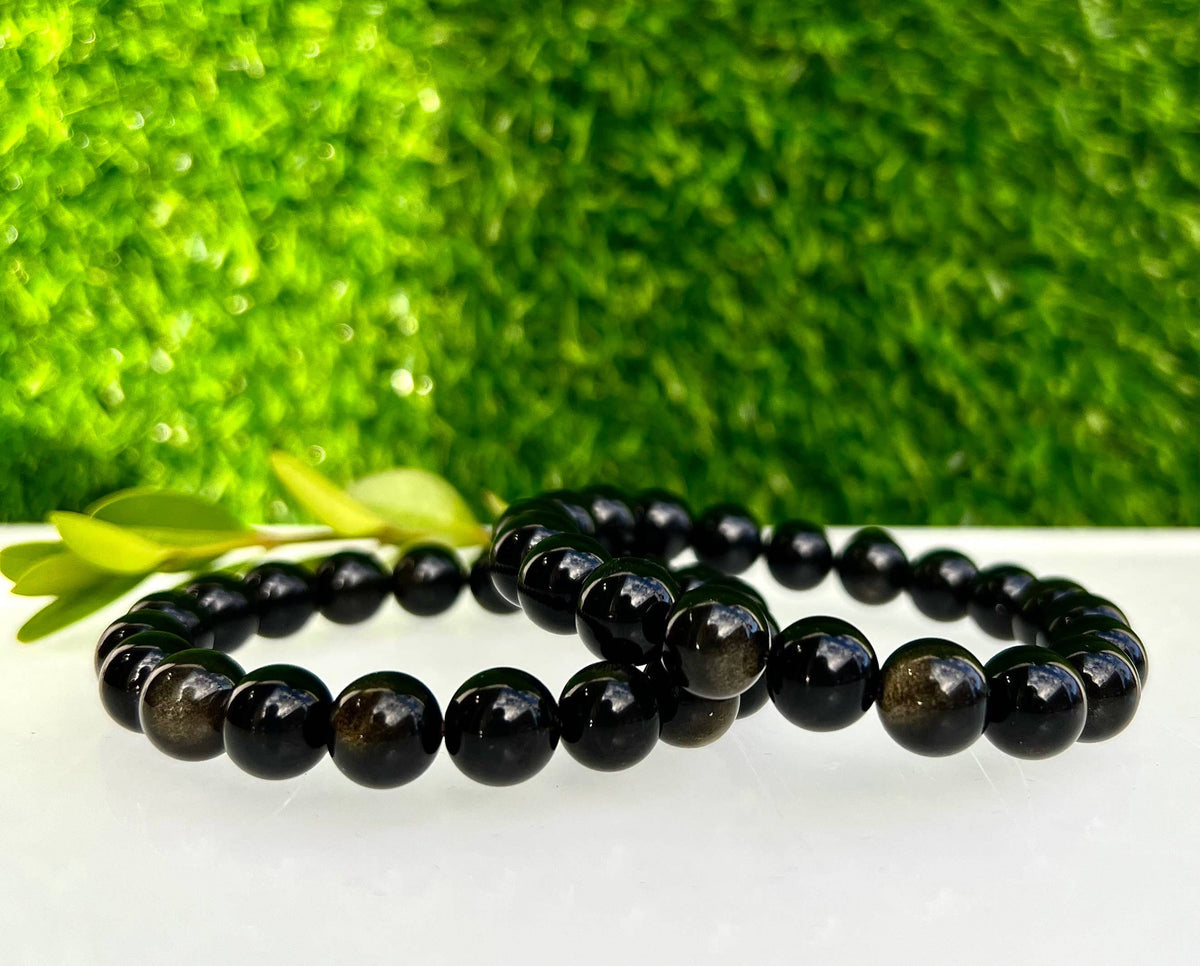 10mm Natural Gold Sheen Obsidian Crystal Stretch Bracelet 8"