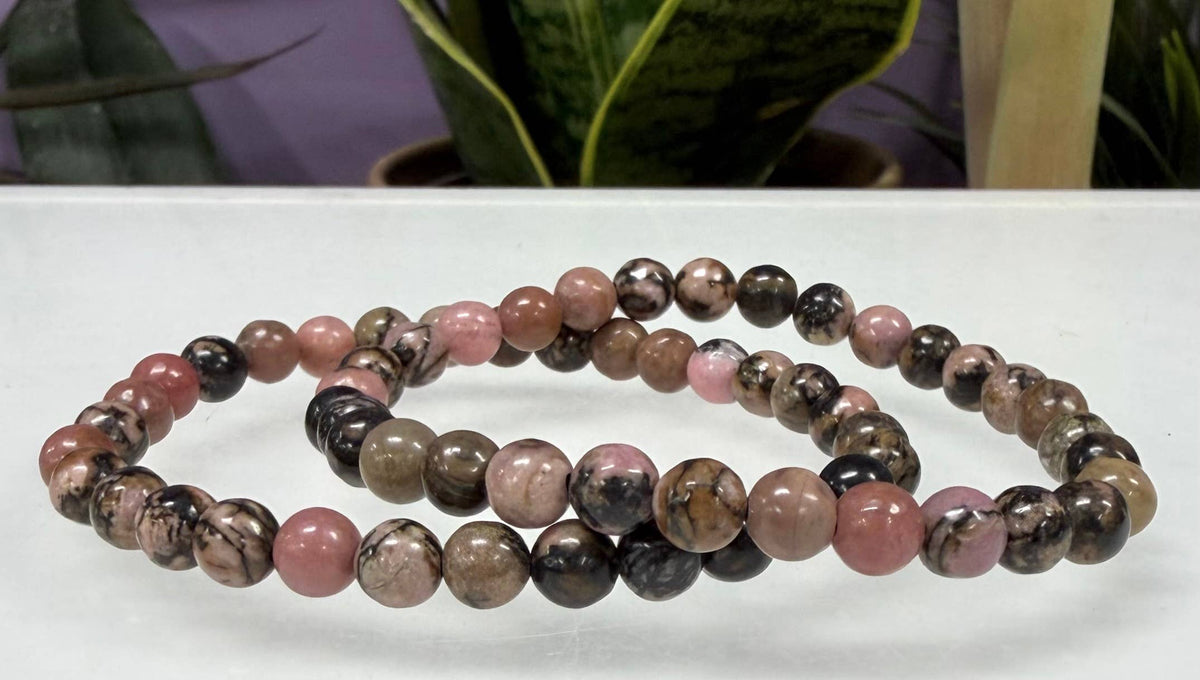 6mm Natural Rhodonite Crystal Healing Stretch Bracelet 7.5"