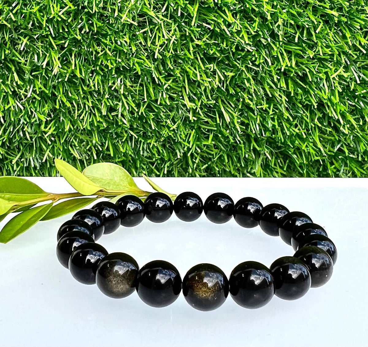10mm Natural Gold Sheen Obsidian Crystal Stretch Bracelet 8"