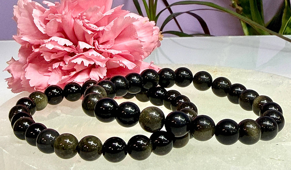 8mm Natural Gold Sheen Obsidian Crystal Stretch Bracelet