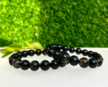 10mm Natural Gold Sheen Obsidian Crystal Stretch Bracelet 8"