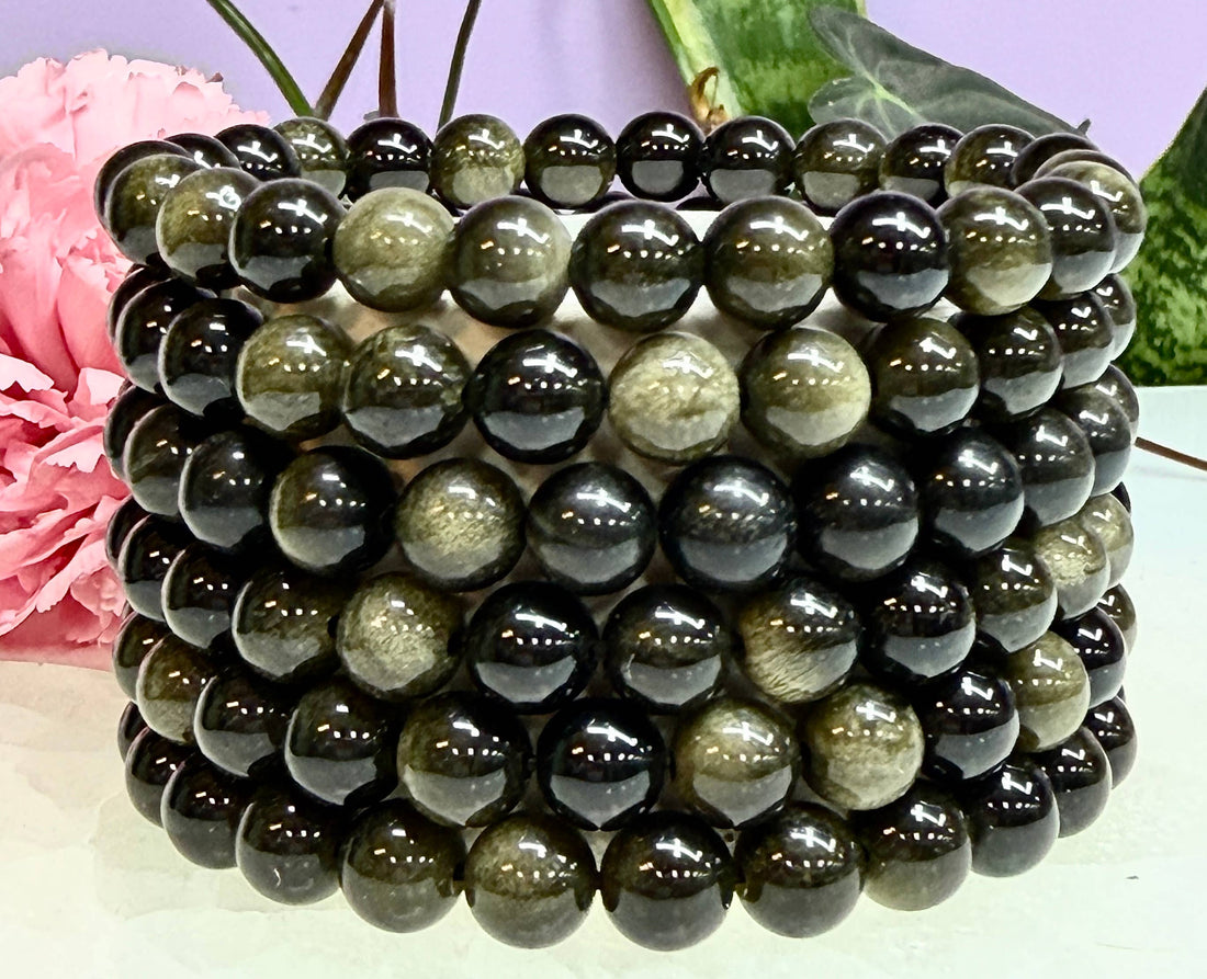 8mm Natural Gold Sheen Obsidian Crystal Stretch Bracelet