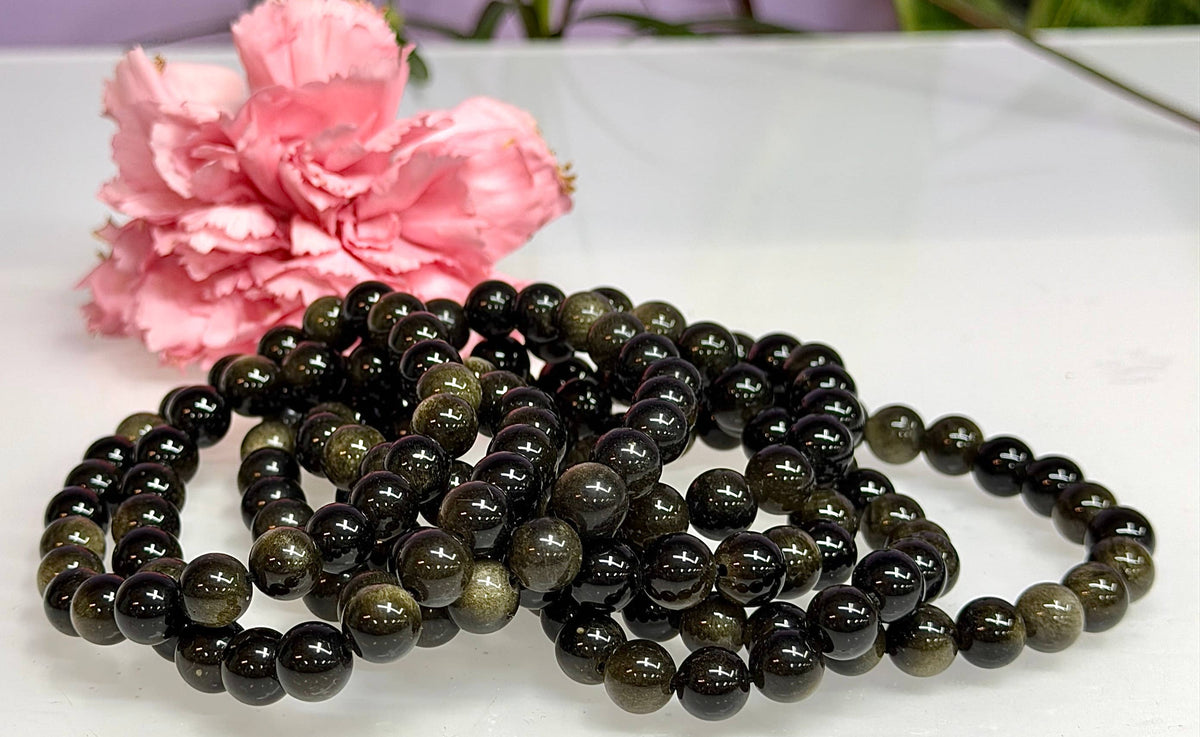 8mm Natural Gold Sheen Obsidian Crystal Stretch Bracelet