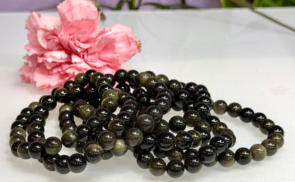8mm Natural Gold Sheen Obsidian Crystal Stretch Bracelet