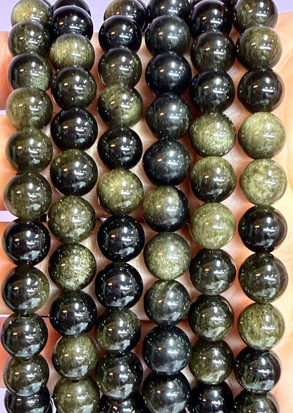 8mm Natural Gold Sheen Obsidian Crystal Stretch Bracelet