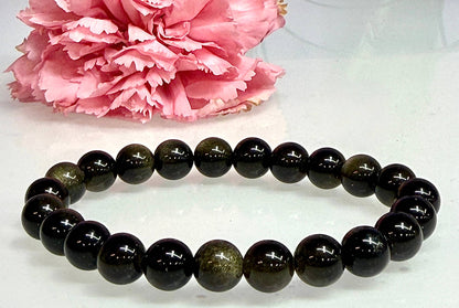 8mm Natural Gold Sheen Obsidian Crystal Stretch Bracelet