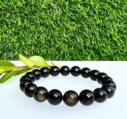 10mm Natural Gold Sheen Obsidian Crystal Stretch Bracelet 8"