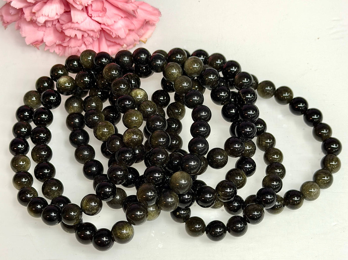 8mm Natural Gold Sheen Obsidian Crystal Stretch Bracelet