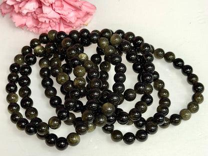 8mm Natural Gold Sheen Obsidian Crystal Stretch Bracelet