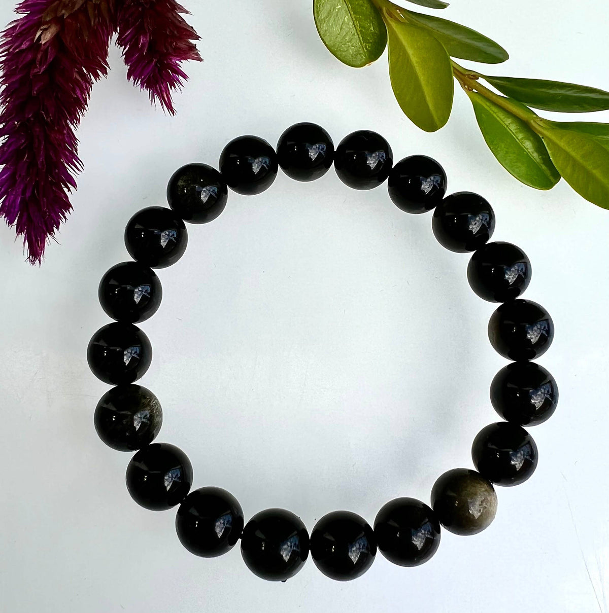 10mm Natural Gold Sheen Obsidian Crystal Stretch Bracelet 8"