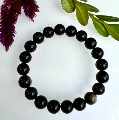 10mm Natural Gold Sheen Obsidian Crystal Stretch Bracelet 8"