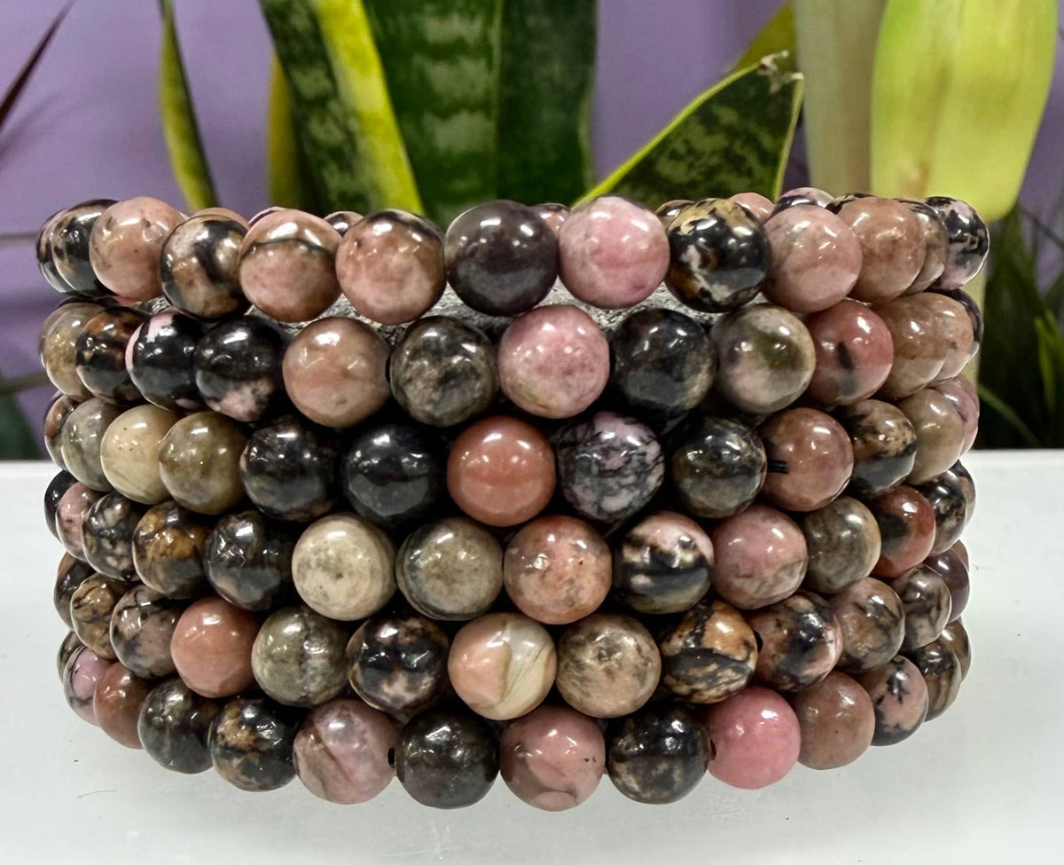 6mm Natural Rhodonite Crystal Healing Stretch Bracelet 7.5"