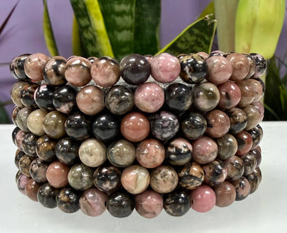 6mm Natural Rhodonite Crystal Healing Stretch Bracelet 7.5"