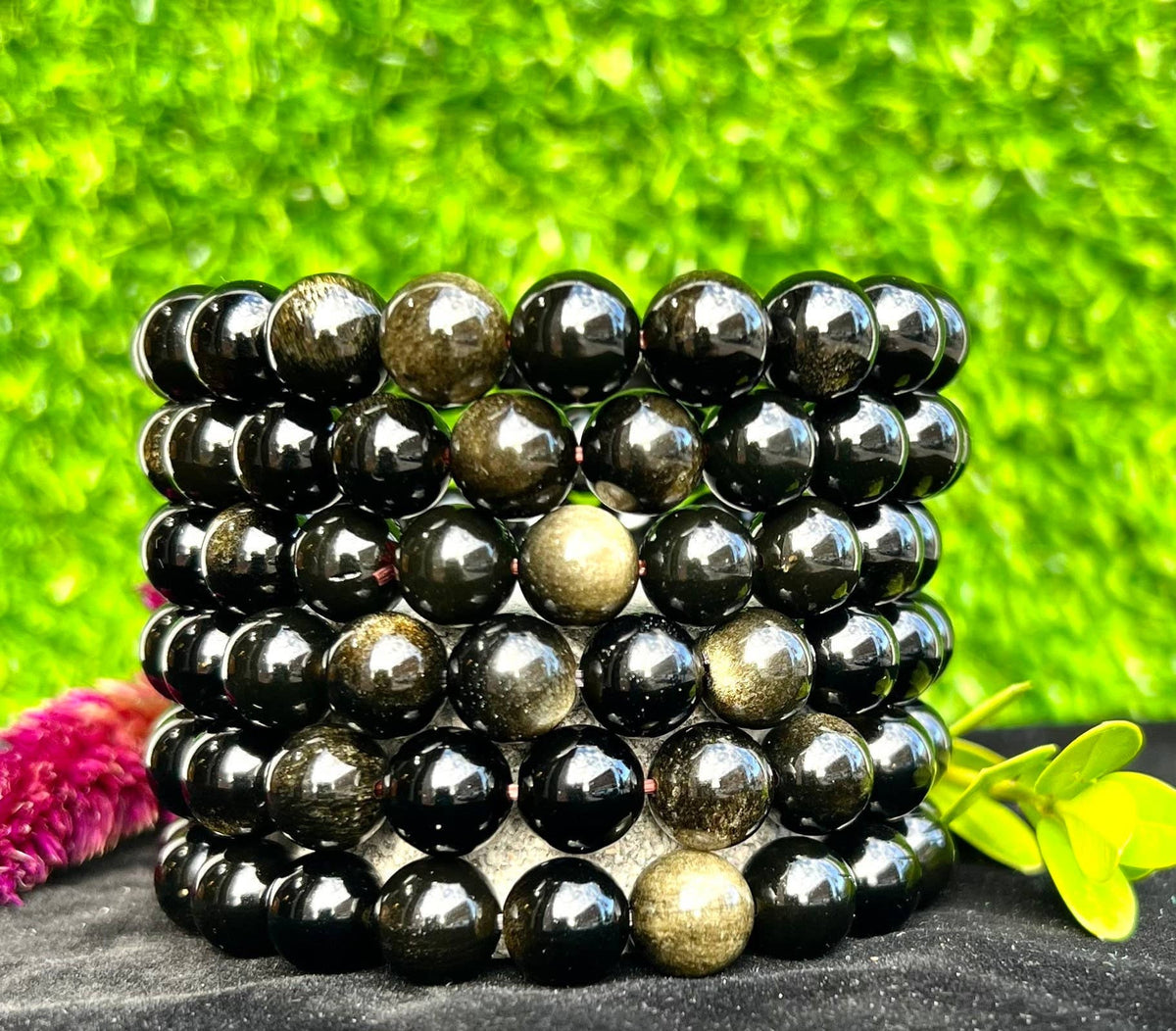 10mm Natural Gold Sheen Obsidian Crystal Stretch Bracelet 8"