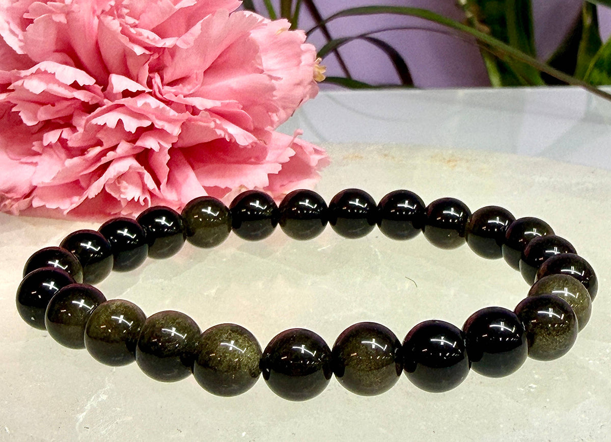 8mm Natural Gold Sheen Obsidian Crystal Stretch Bracelet